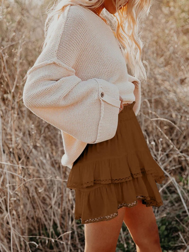Aoudery Flowy Shorts for Women Casual Boho Ruffle Tiered Skorts High Waist Mini Skirts Golf Tennis Butterfly Crochet Shorts - Brown L