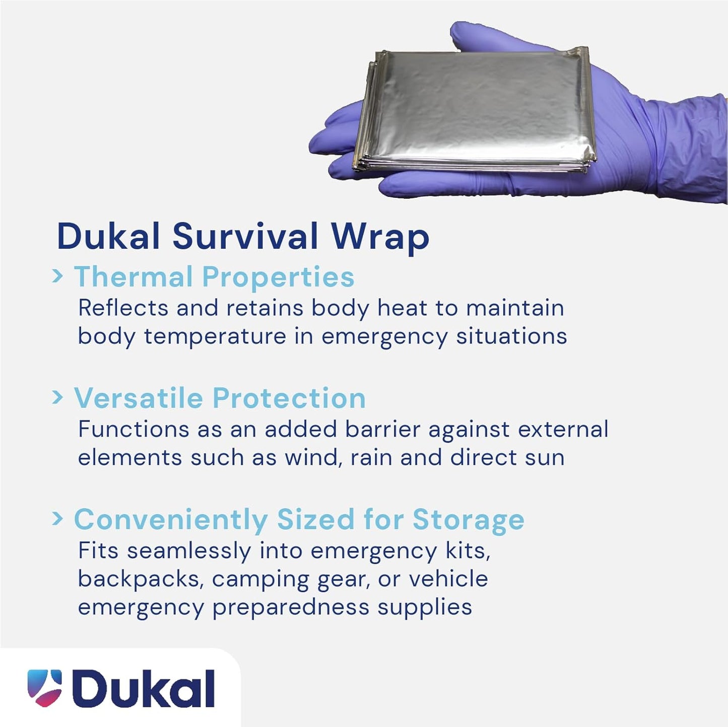 Dukal 721 Emergency Survival Blanket Mylar Wrap | Thermal Properties, Convenient Storage | Protection Against Wind, Rain, Sun | Diverse Functionality for Outdoor Enthusiasts & Responders | Pack of 1