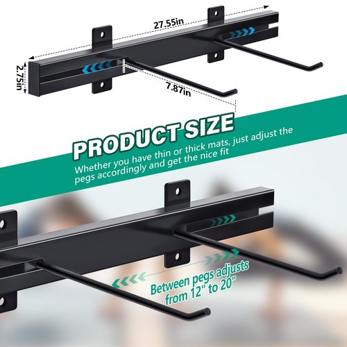Tandefio Yoga Mat Wall Mount Rack Adjustable Exercise Mat Storage Shelf Hanging Foam Roller Organizer with 2 Hooks for Fitness Home Gym Workout