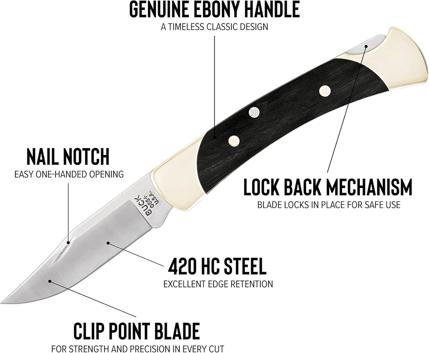 Buck Knives The 55 Folding Pocket Knife 2-3/8" 420HC Steel Clip Blade, Ebony Handle, Brass Bolsters