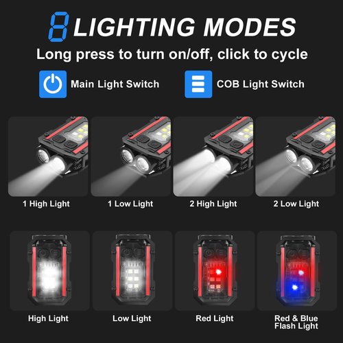 SUNPRO Mini Keychain Flashlight with Clip, 8 Modes Pocket Flash Light, Red Blue COB Side Light, Type-C Rechargeable for Hiking, Camping, Emergency (1, Black)