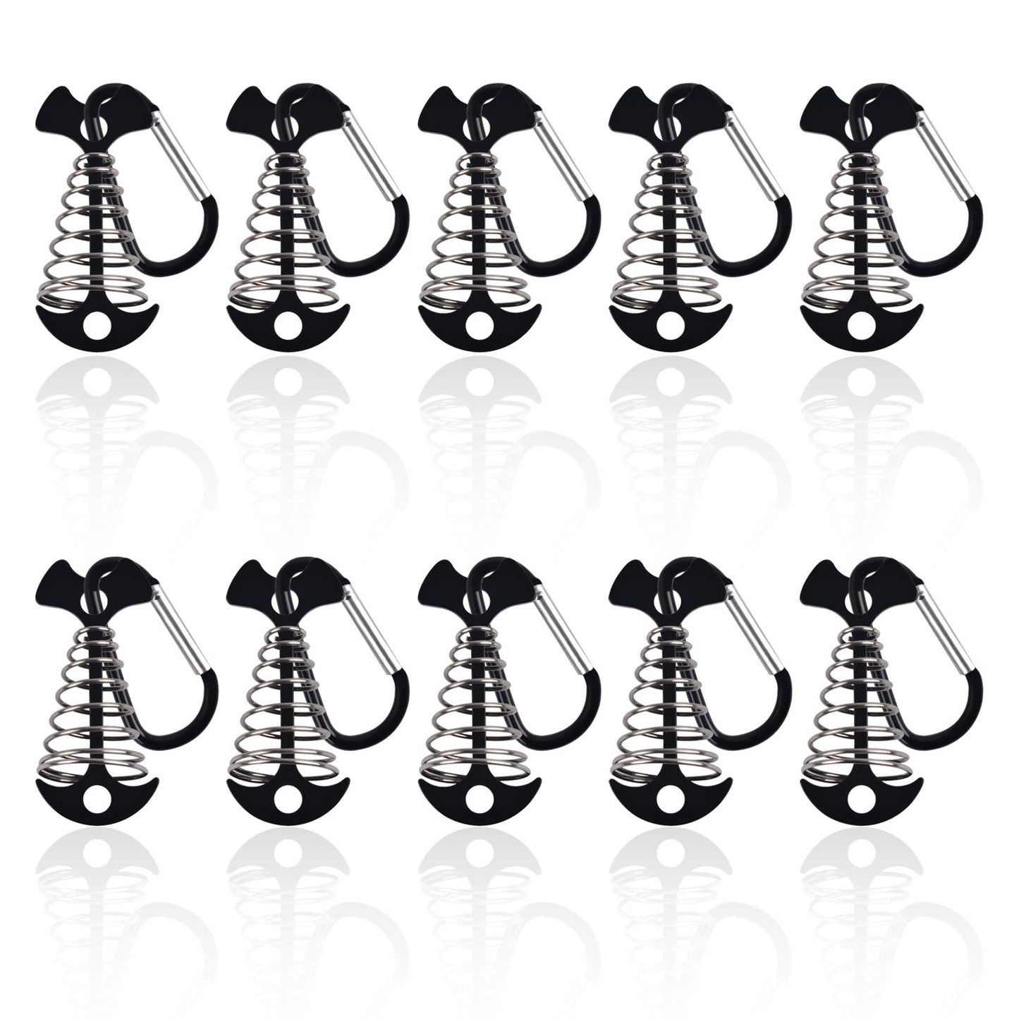Deck Anchor Pegs with Carabiner Clip 10PCS, Fishbone Tent Pegs Camping Accessories, Windproof Deck Anchors with Spring Buckle for Outdoor Camping, Outdoor Gallery Road (Black)
