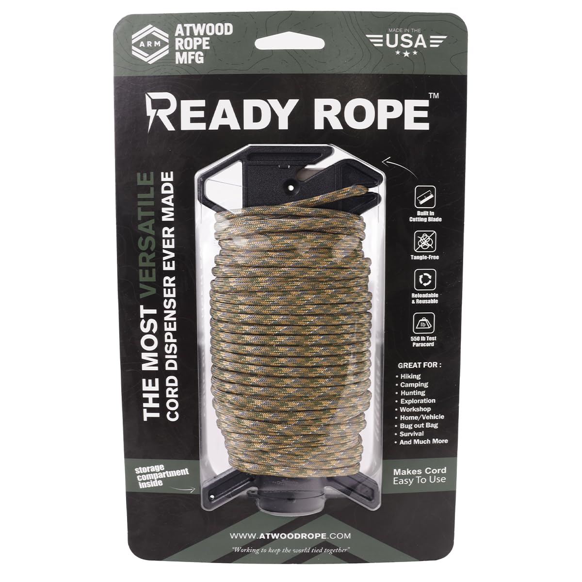 Atwood Rope MFG Ready Rope™ Reflective 550 Paracord 100 Feet 7-String Core Nylon Parachute Cord Outside Survival Gear Made in USA | Lanyards, Bracelets, Handle Wraps, Keychain (M Camo)