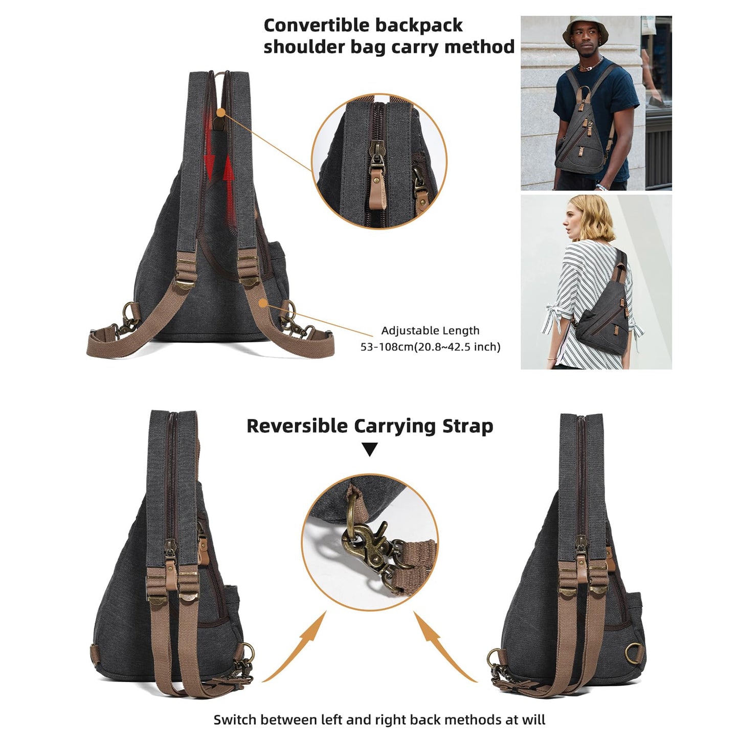 KL928 Canvas Sling Bag - Small Crossbody Backpack Shoulder Casual Daypack Rucksack for Men Women(Small Version)