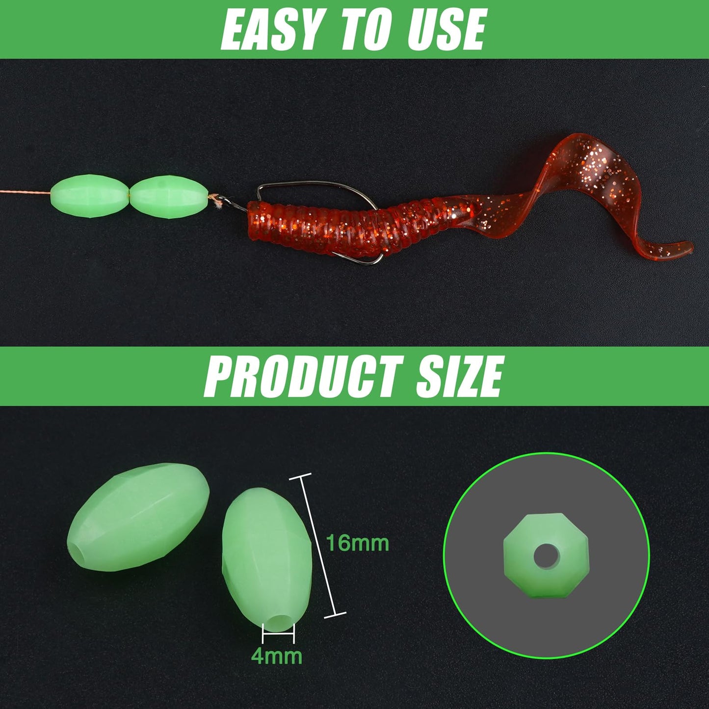 JSHANMEI Glow Fishing Beads Hard Plastic Luminous Fishing Beads Green Oval Bait Egg Bead Fishing Lures Saltwater Freshwater Salmon Trout Fishing Tool 80pcs