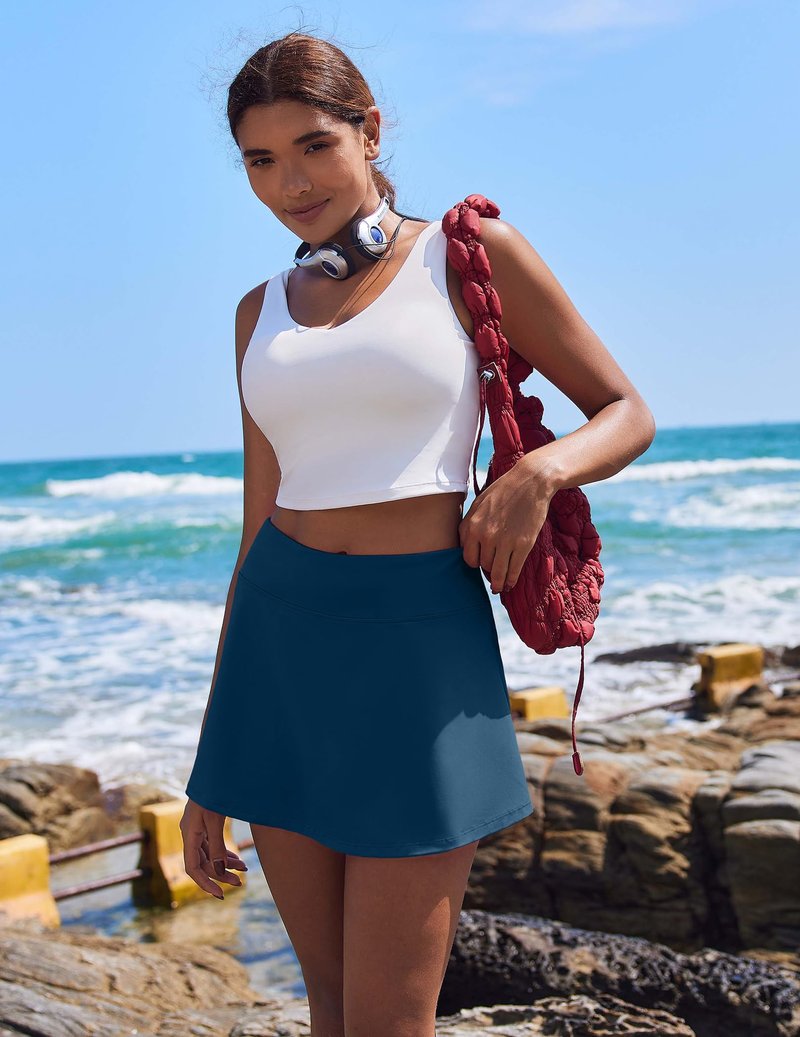 PINSPARK Tennis Skirts for Women Workout Golf Skorts Pleated High Waisted Athletic Skirt with Pockets,Dark Blue X-Small