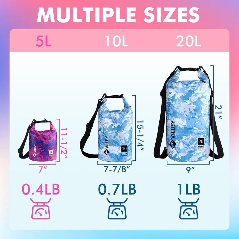 VILLEY Dry Bag Waterproof 5L Roll Top Storage Backpack, Keeps Gear Dry Lightweight Backpack for Kayaking Boating Camping Swimming and Beach Accessories Purple Camo