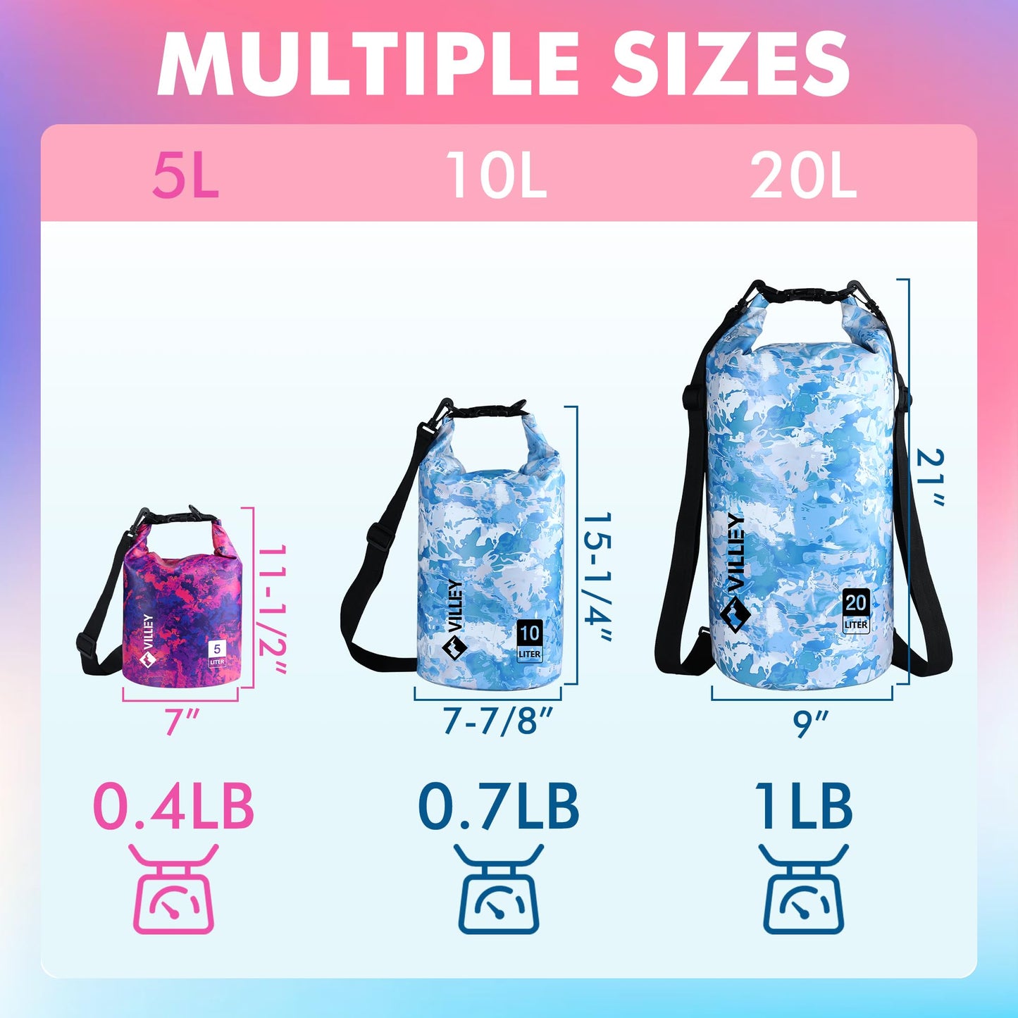 VILLEY Dry Bag Waterproof 5L Roll Top Storage Backpack, Keeps Gear Dry Lightweight Backpack for Kayaking Boating Camping Swimming and Beach Accessories Purple Camo