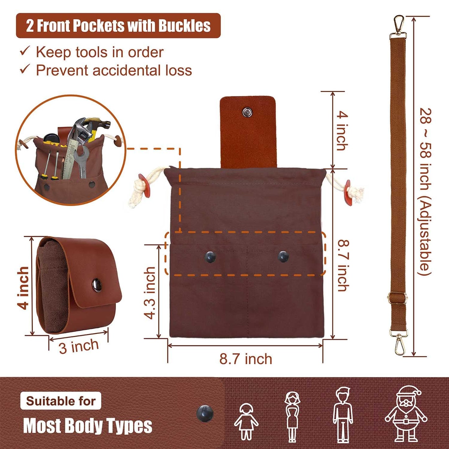 Kingwee Foraging Bag with Front Pockets & Adjustable Shoulder Strap Canvas Foraging Pouch for Hiking, Bushcraft, Wearable Collapsible Belt Bag for Collecting Mushrooms, Rocks (Brown)