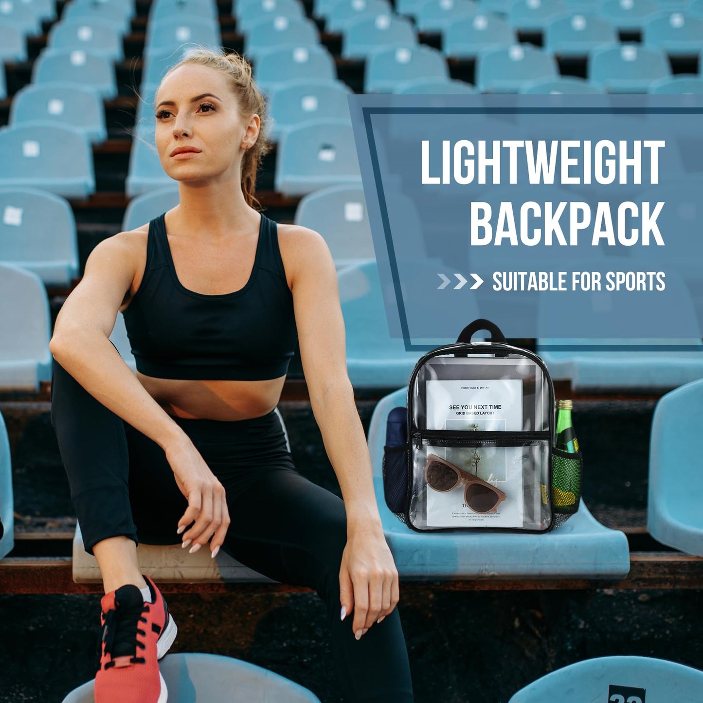 Sweetude Clear Backpack bulk 11.4 x 9.5 x 5.1 Inch Bag Stadium Approved Plastic Transparent Backpack with 2 Water Holders(Black)