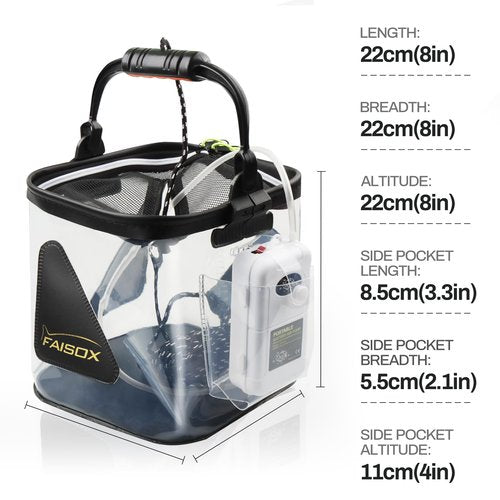 Minnow Bucket 7L/10L/12L Fishing Live Bait Transparent Container Tank Live Well for Fish Basket with Net Lids (10L Buckets with Aerator)