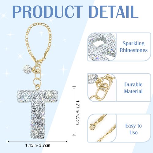 Mokoart Glitter Letter Charms for Stanley Cup, Water Bottle Charms for HydroJug Traveler & Stanley Tumbler with Handle, Cute Initial Name ID with Bling Letter for Stanley Cup Accessories (T)