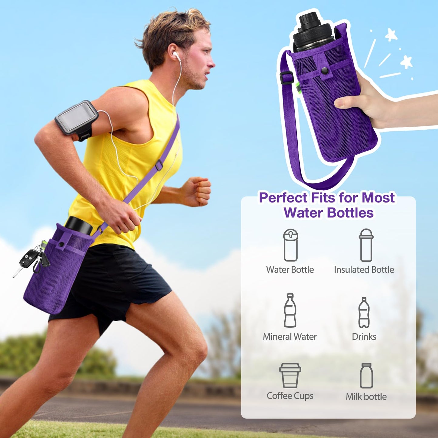Large Water Bottle Bag with Strap, Big Mesh Water Bottle Holder Crossbody Water Sling Bag Shoulder Strap and Pocket - Lightweight Water Bottle Carrier for Walking Sports Hiking Camping (Purple)