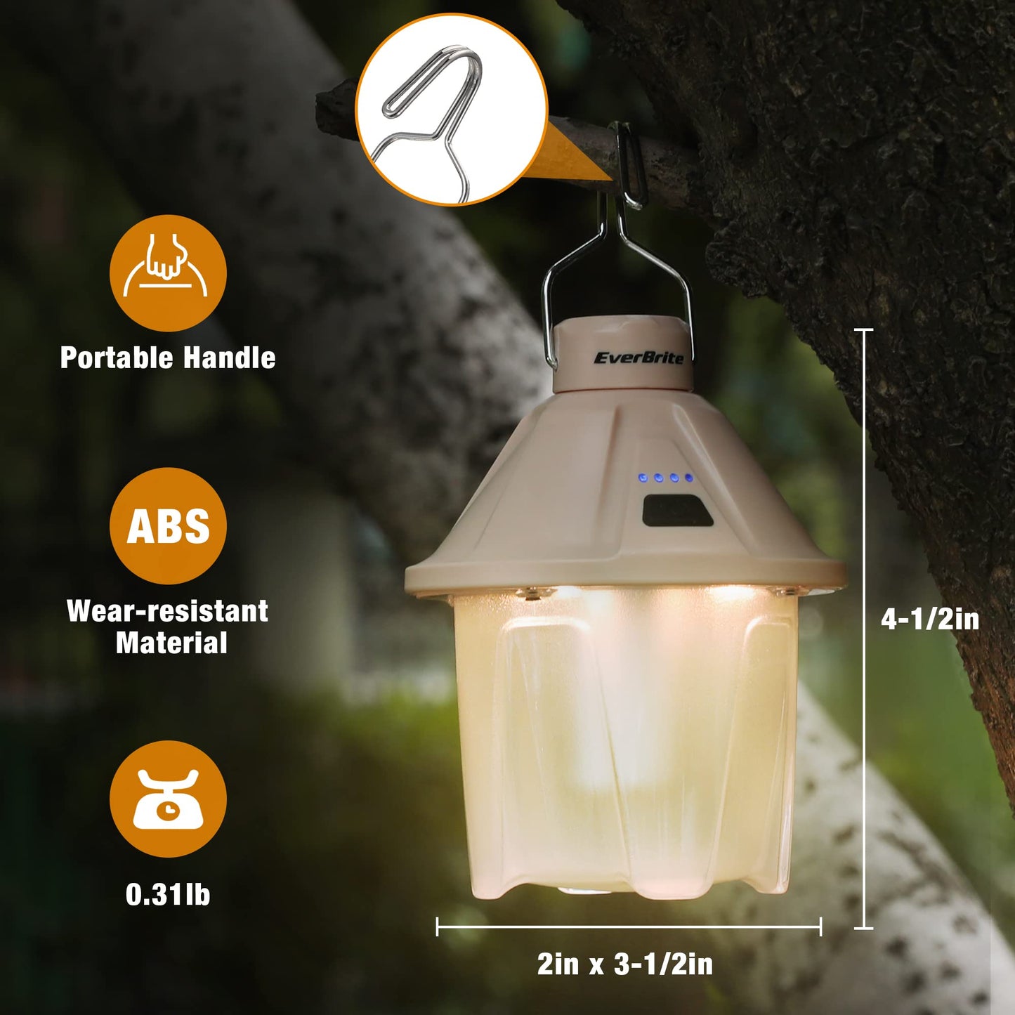 EverBrite 450LM Camping Lantern, USB C Rechargeable Camping Lantern with Magnetic Top&Hanging Hook, 5 Lighting Modes, for Christmas Decorations, Camping, Barbecue, Hiking and Reading, Pack of 2