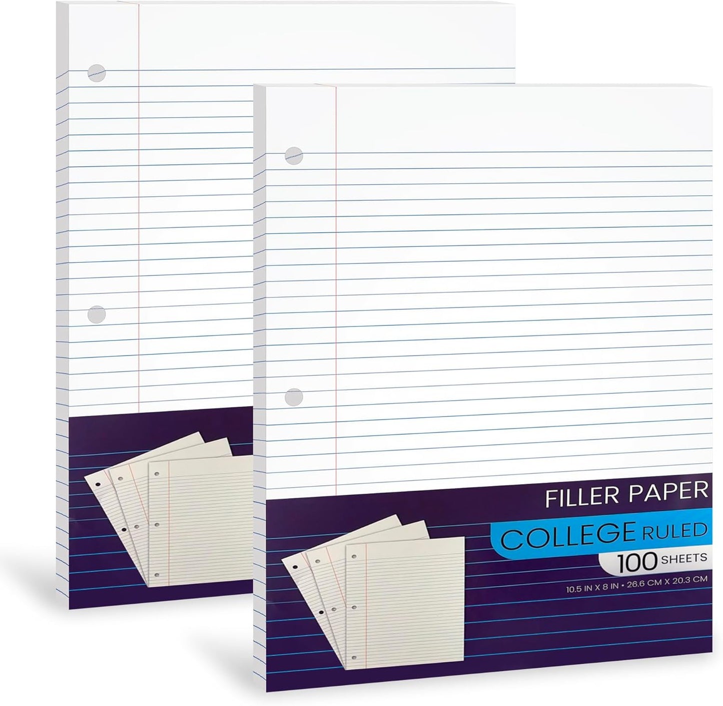 Notebook Paper College Ruled, Loose Leaf Paper for 3 Ring Binders - 10.5' X 8", for Students, School Classroom - 100 Sheets/Pack (2 Pack)