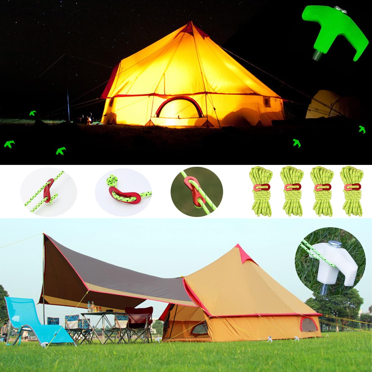Heavy Duty Luminous Tent Stakes, 9.8 inch pop-up Tent Stakes, Heavy-Duty Metal Stakes for Camping, Gardening, and Canopies, Outdoor Christmas Decorations, Rope Adjuster Storage Bag
