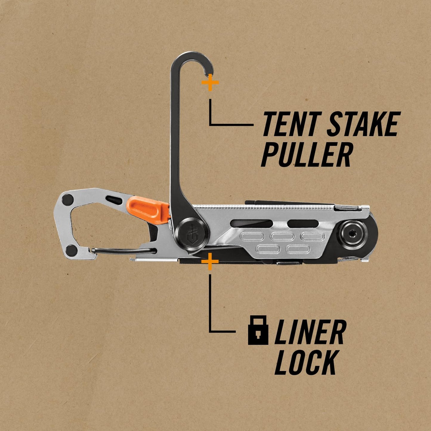 Gerber Gear Stake Out 11-in-1 Multi-tool - 2.2" Plain Edge Blade, Tent Stake Puller, Carabiner Carry - EDC Gear and Equipment - Bronze