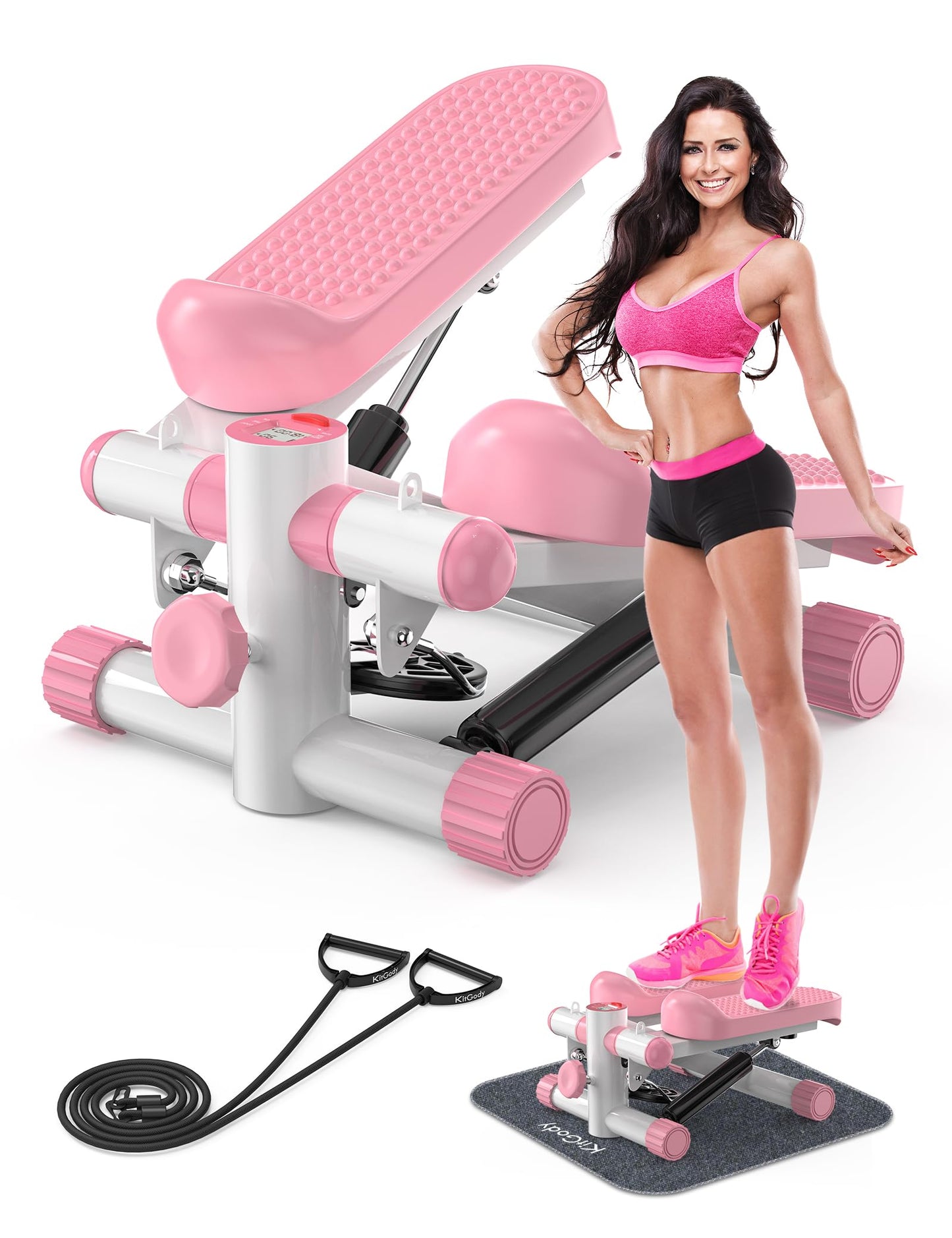 KitGody Steppers for Exercise at Home, Stair Stepper with Resistance Bands 330LBS Capacity, Pink Mini Stepper for Home Full Body Workout