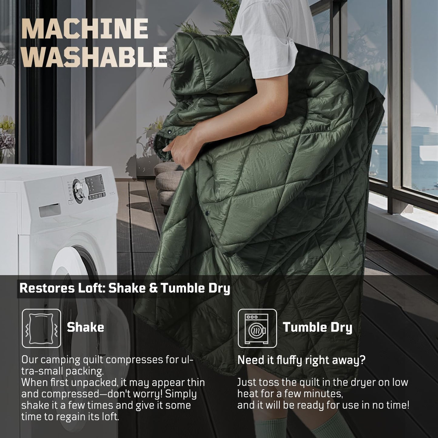 1TG Tactical Camping Blanket - Packable, Ultra Warm and Lightweight with Snap Button Backpacking Quilt Water-Resistant, for Sleeping, Outdoors, Travel - Large/Olive Green