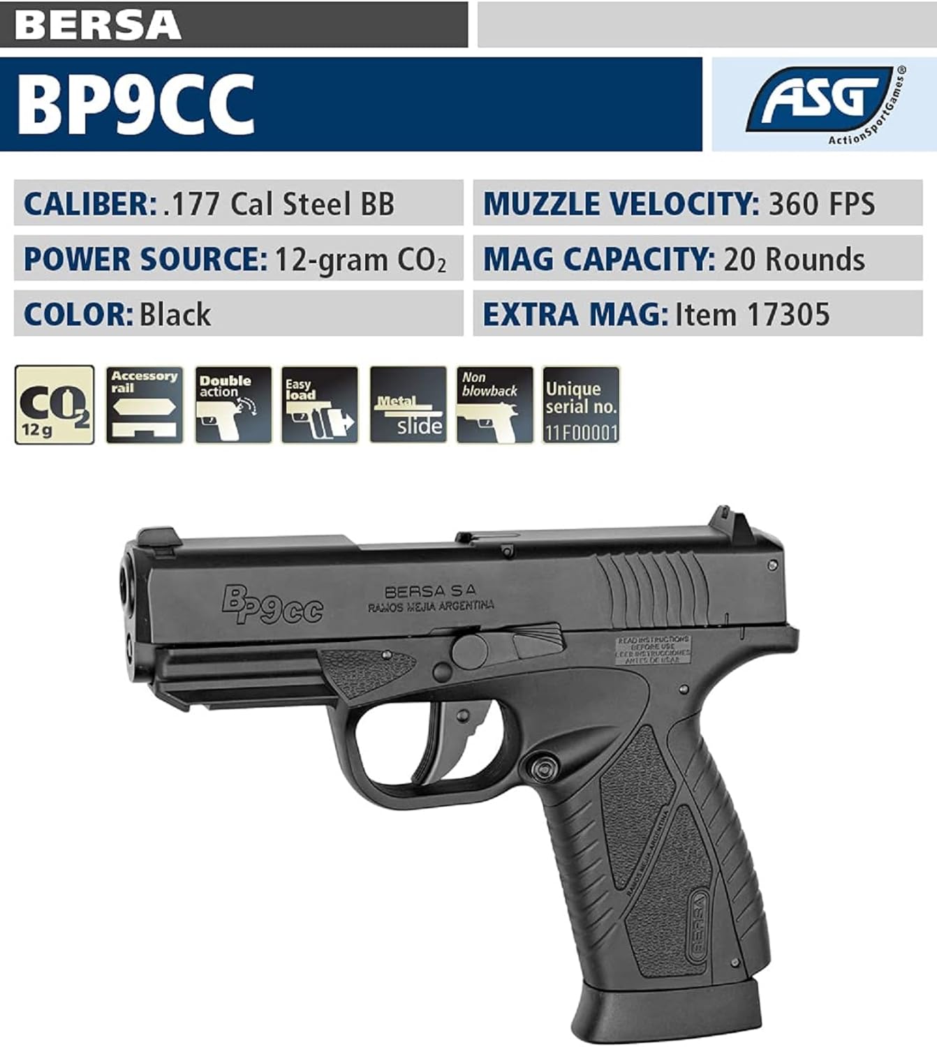 ASG BERSA BP9CC .177 Caliber Steel BB Gun Air Pistol, Non-Blowback