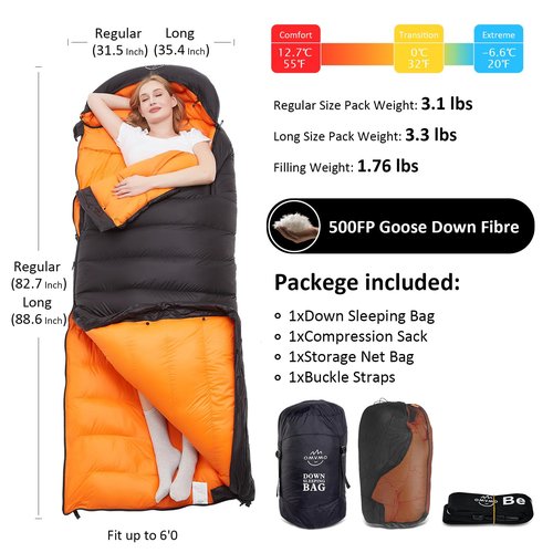 OMVMO 20 Degrees F Down Sleeping Bag for Adults, Ultra-Light & Compact, Wearable with Arm Holes, 4-Season Envelope Down Fiber Sleeping Bag for Backpacking & Camping
