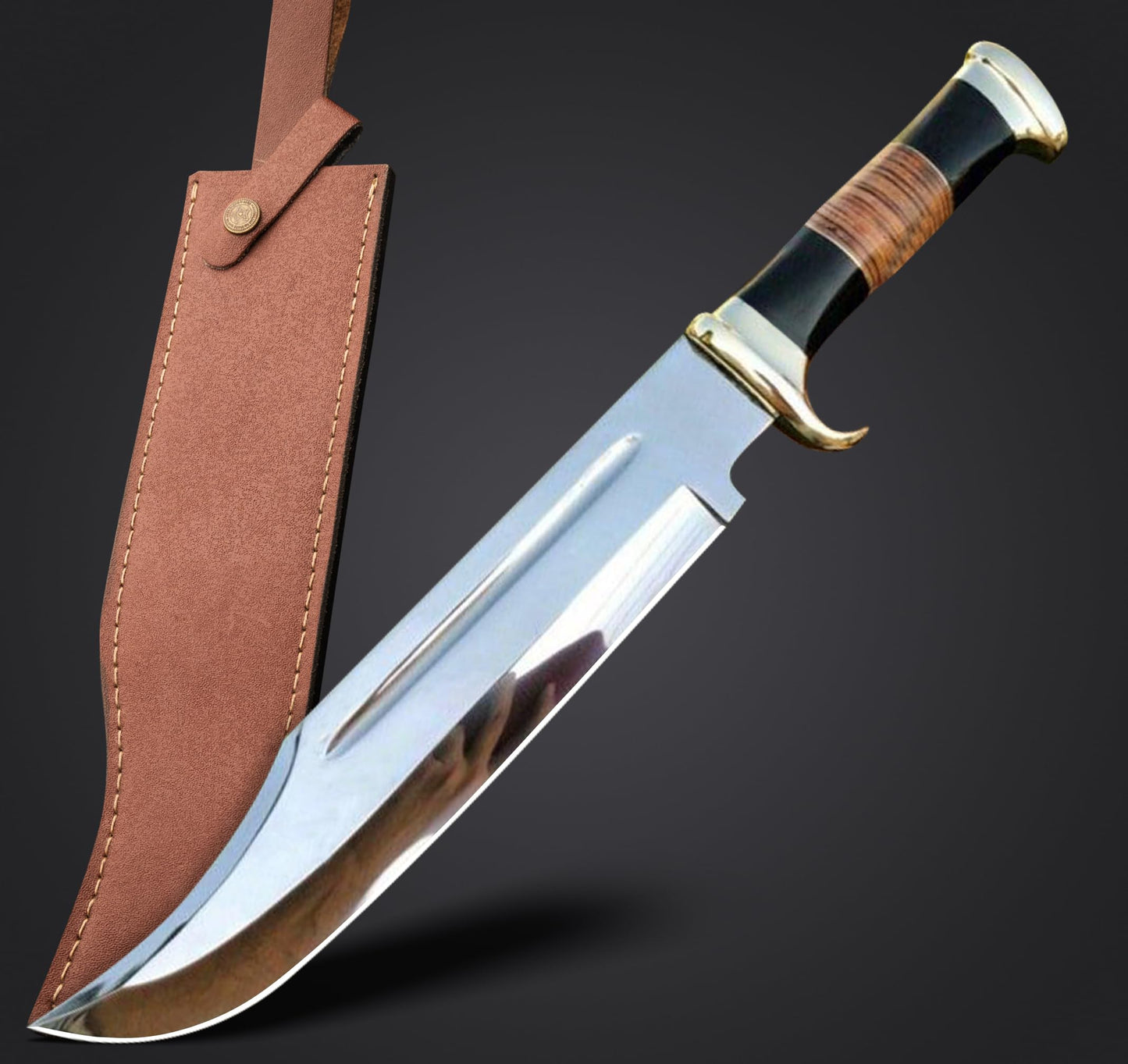 WARIVO KNIFE D2 18 Inches Large Crocodile Dundee Bowie Knife with Leather Sheath Big Survival Fixed Blade Knife with Leather and Horn Handle for Outdoor Camping Knives For Men