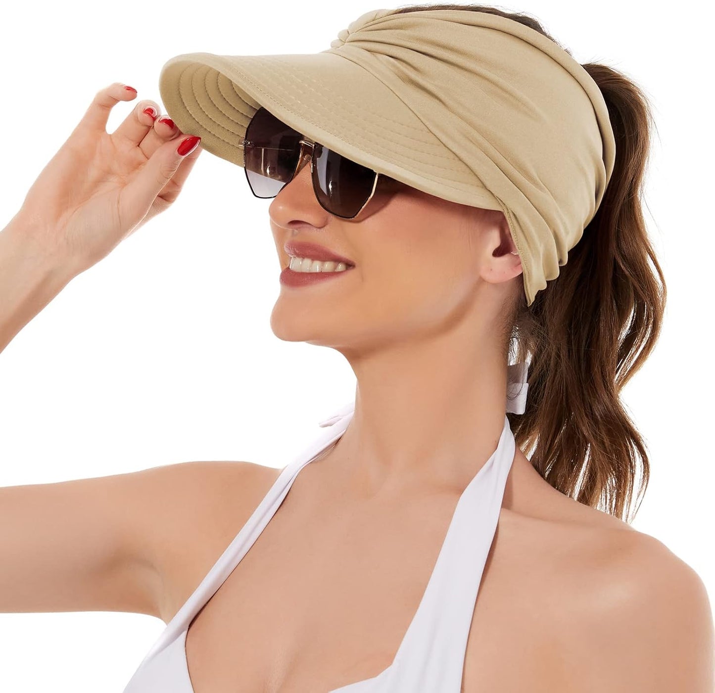UV Protection Sun Hats for Women | Wide Brim Summer Visor with Ponytail
