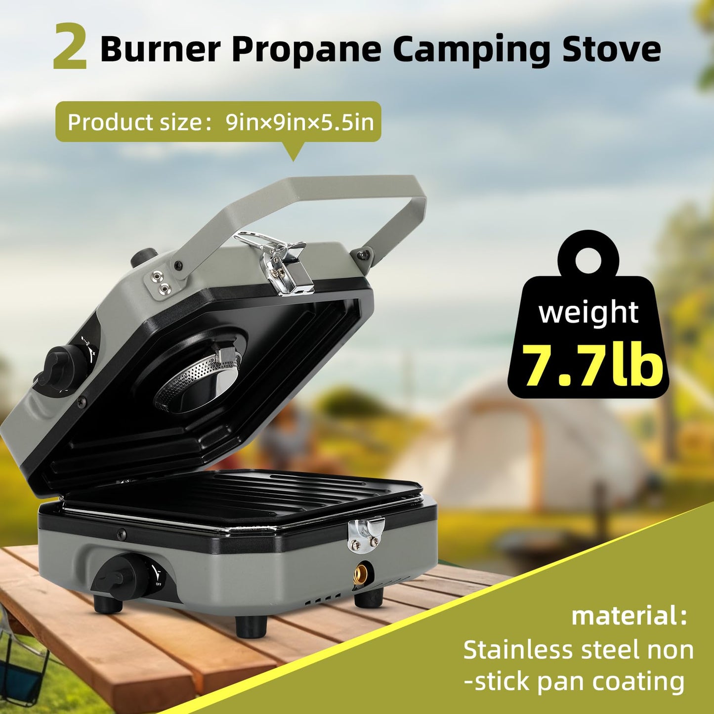 2 Burner Folding Camping Stove with Griddle,Portable Folding Camp Stove with 2 adjustable burners ,Camping stove for camping, propane stove for camping,2 burner camping stove foldable