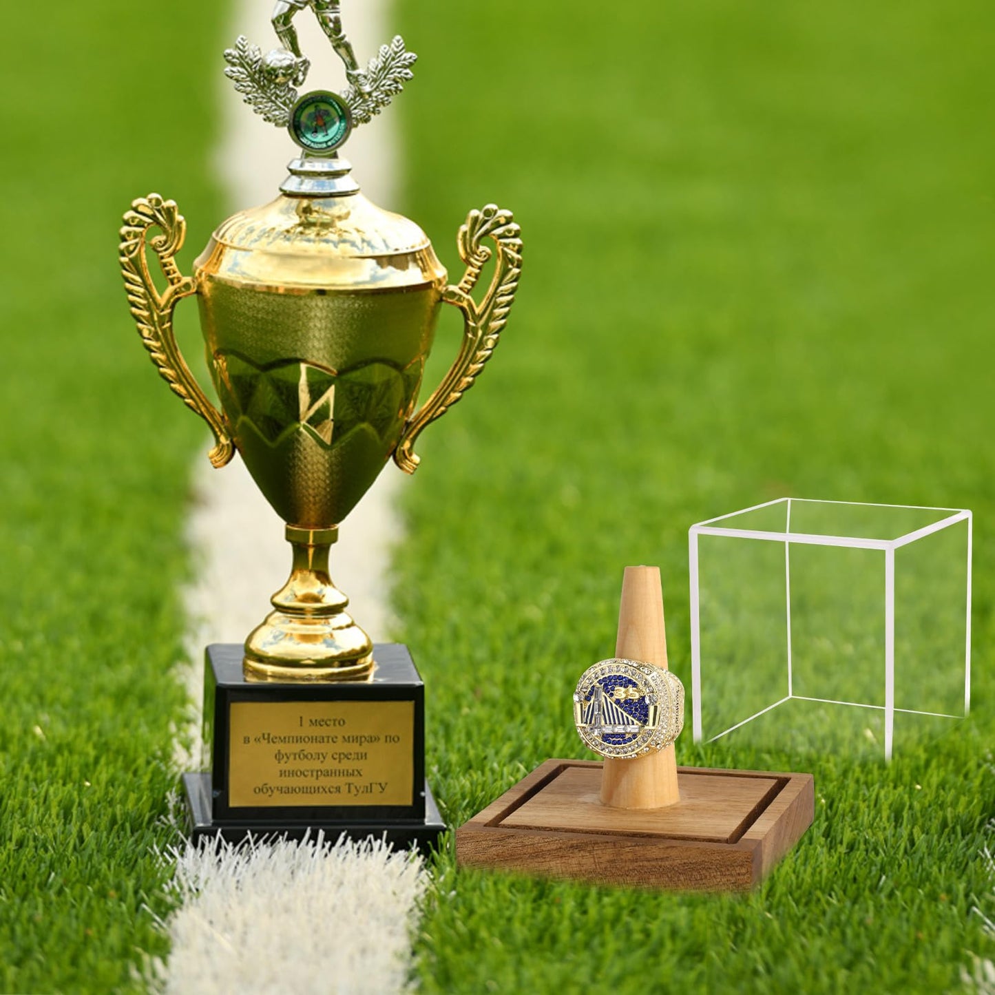 2 Pack Championship Ring Display Case Clear Acrylic Single Ring Holder with Wood Stand Base 1 Slot Ring Hole Storage for Sports Basketball Baseball Fan Souvenirs Military, UV Protection 3.94 Inch