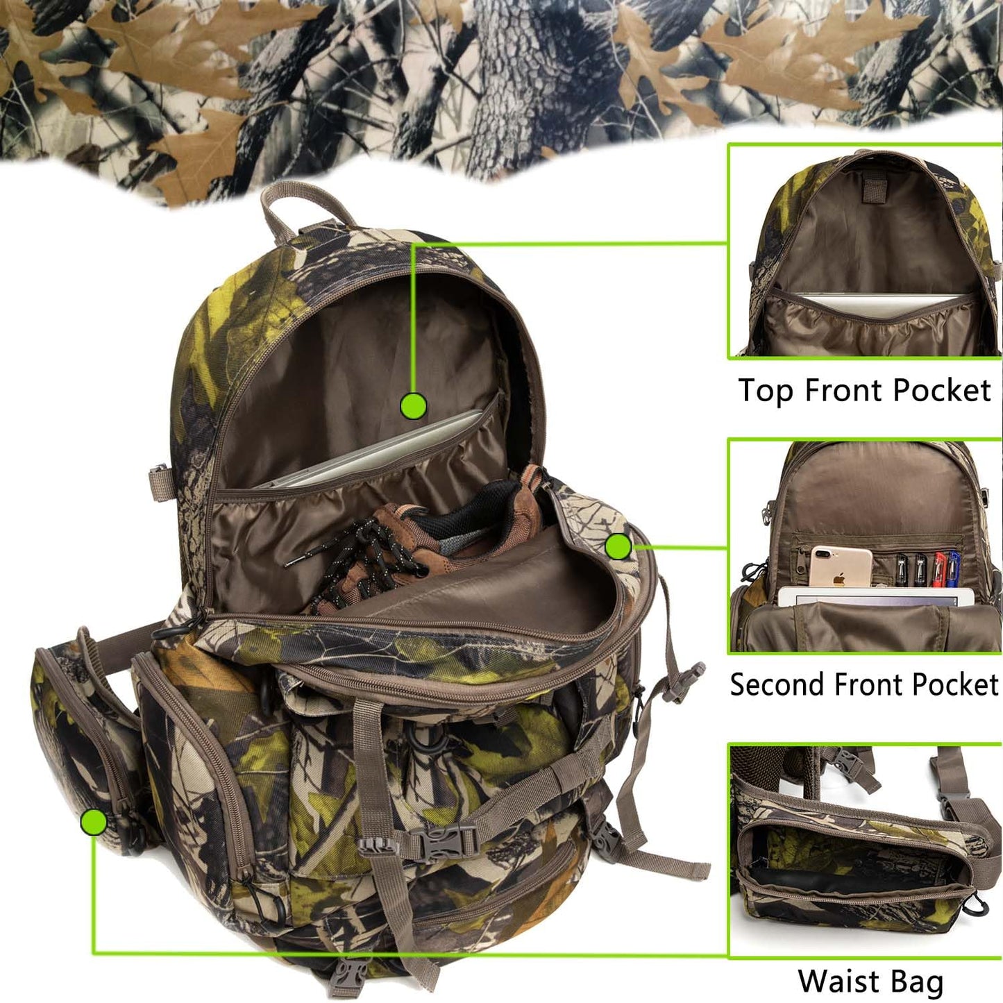Kioqiear Hunting Backpack,Outdoor Gear Hunting Pack with Rain Cover,Durable Large Capacity Hunting Day Pack.(GREEN CAMO)