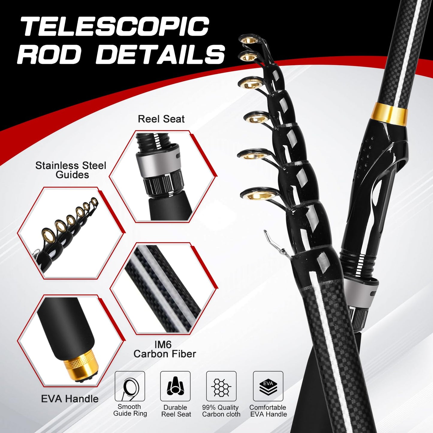 Kalynsung 6.89ft Fishing Rod and Reel Combo, 2PCS Telescopic Carbon Fiber Fishing Rod, Spinning Reels *2, Fishing Line *2, Fishing Hooks Bait Set, Portable Fishing Pole Set with Carrier Bag