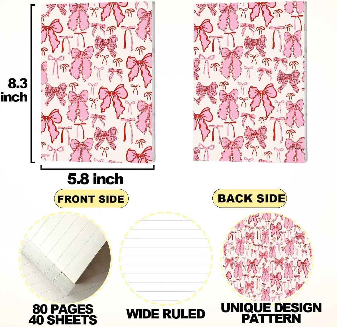 Pink Bow Notebook Journal, A5 Journal Notebook for Office Note Taking, 8.3 x 5.8 inch Writing Diary Subject Notebooks Planner, Travel Journaling-11