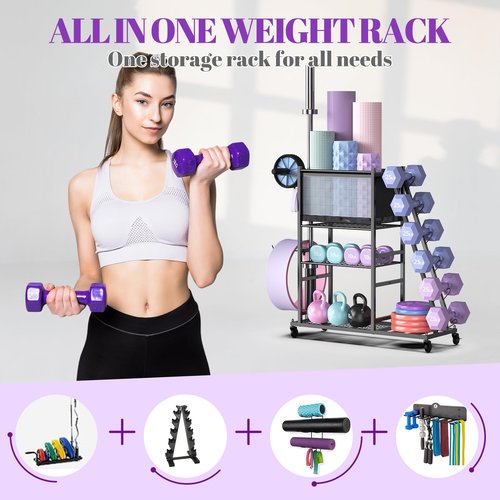 Mythinglogic Dumbbell Rack for Home Gym, Weight Rack for Dumbbells, Multifunctional Yoga Mat Holder for Barbell plates and Kettlebells, Home Gym Storage Rack with Casters