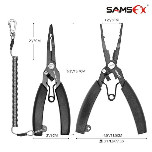SAMSFX Locking Fishing Pliers Saltwater Resistant Teflon Coated Briad Line Cutters with Wire Coiled Lanyard, Sheath & Quick Knot Tool Combo (Black Color)