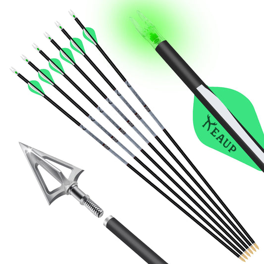 KEAUP 31 inch 100% Carbon Arrows and Broadheads .244/6.2mm Lighted Nocks Set, 6 Pack Hunting Compound Bow and Recurve Bow Shaft Spine 300/350/400/500 (Spine 350, Green)