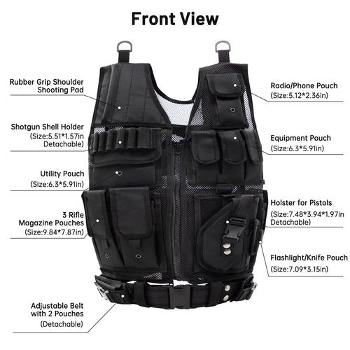 Oushome Tactical Vest, Lightweight Adjustable Airsoft Vest with Detachable Belt & Holster, Tactical Vest for Men for Adults CS/Hunting/Training/Cosplay