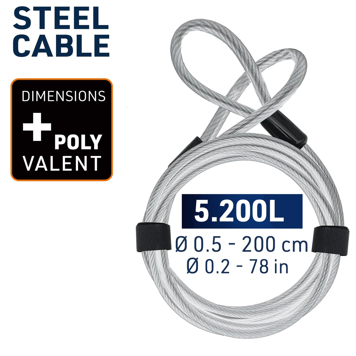 URBAN 5.200L Security Extension Cable for Disc Lock, 6,56ft/200cm, Flexible Braided Steel with Loops, Multifunctional Anti Theft Cable Lock for Bike, Motorcycle, Helmet, Bicycle, Electric Scooter