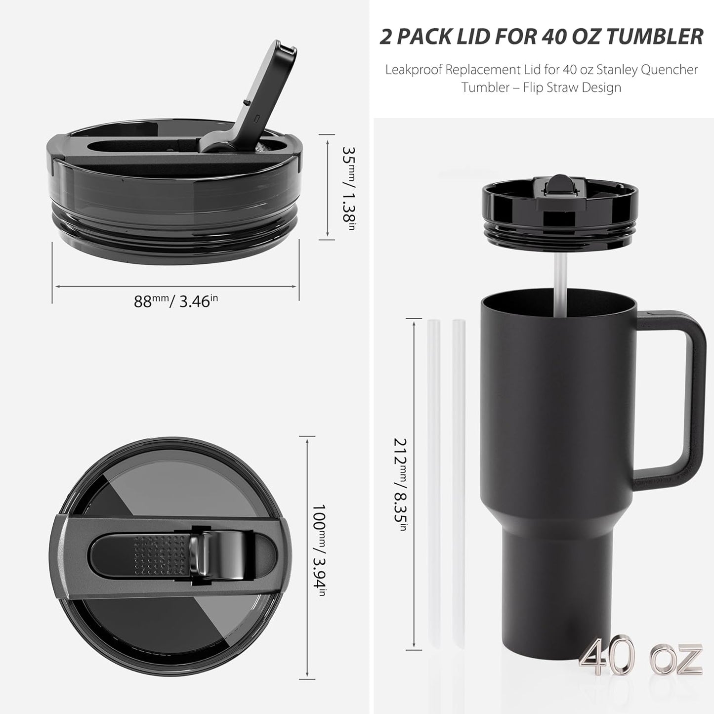 Stanley 40 Oz Quencher H2.0 | 2-Pack Leakproof Replacement Lid – Black