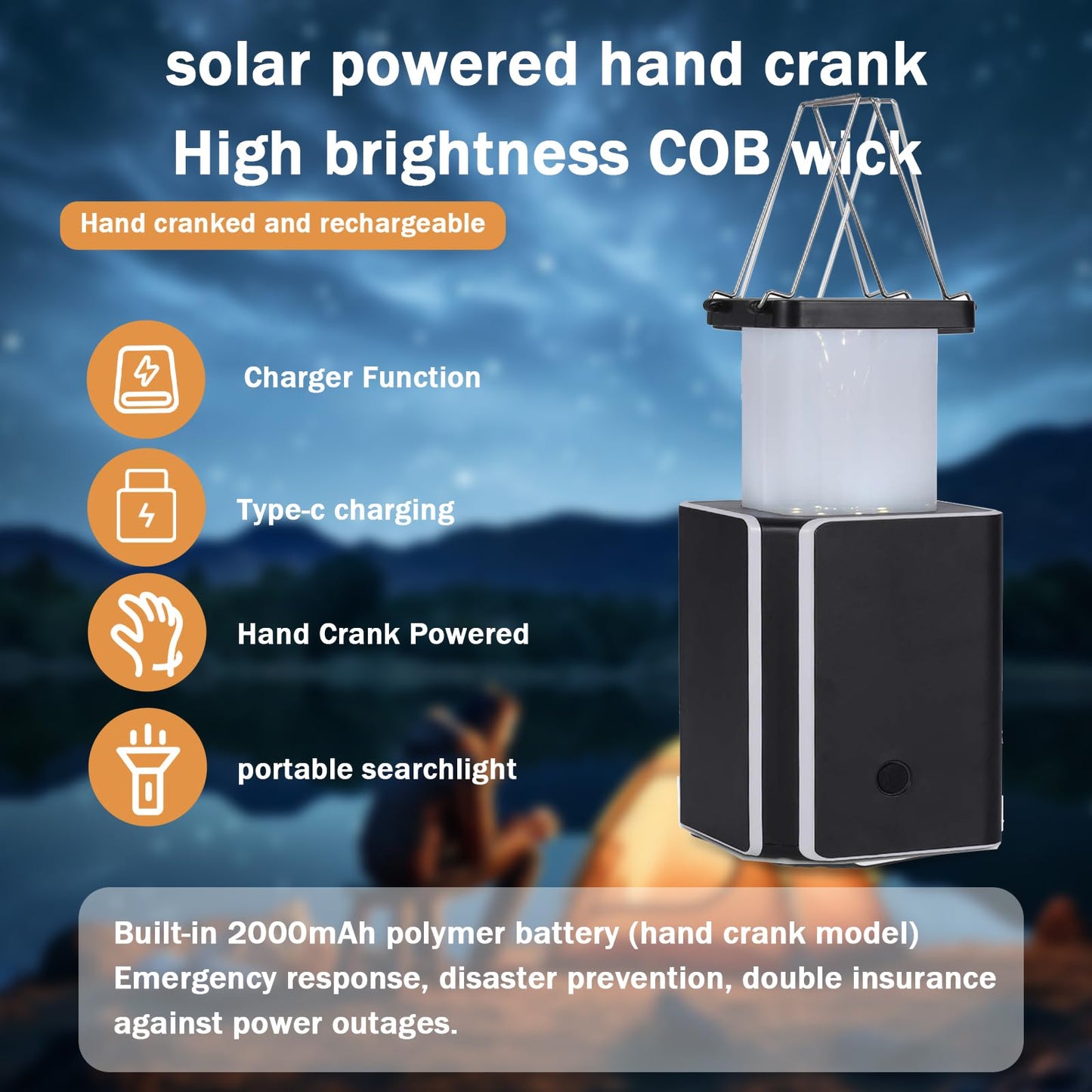 2Pack Solar LED Rechargeable Emergency Camping Lantern,White Solar Rechargeable,Rechargeable Type C,Emergency Lights Hand-Crank Power Generation,Phone Power Supply Function,flashlights