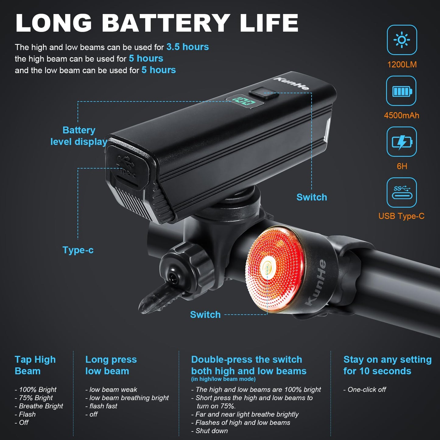 KUNHE 1200 High Lumens 4500 mAh Super Bright USB-C Rechargeable Bike Headlight & Tail Light Set Aluminium Alloy Super Bright Bike Light for Night Riding