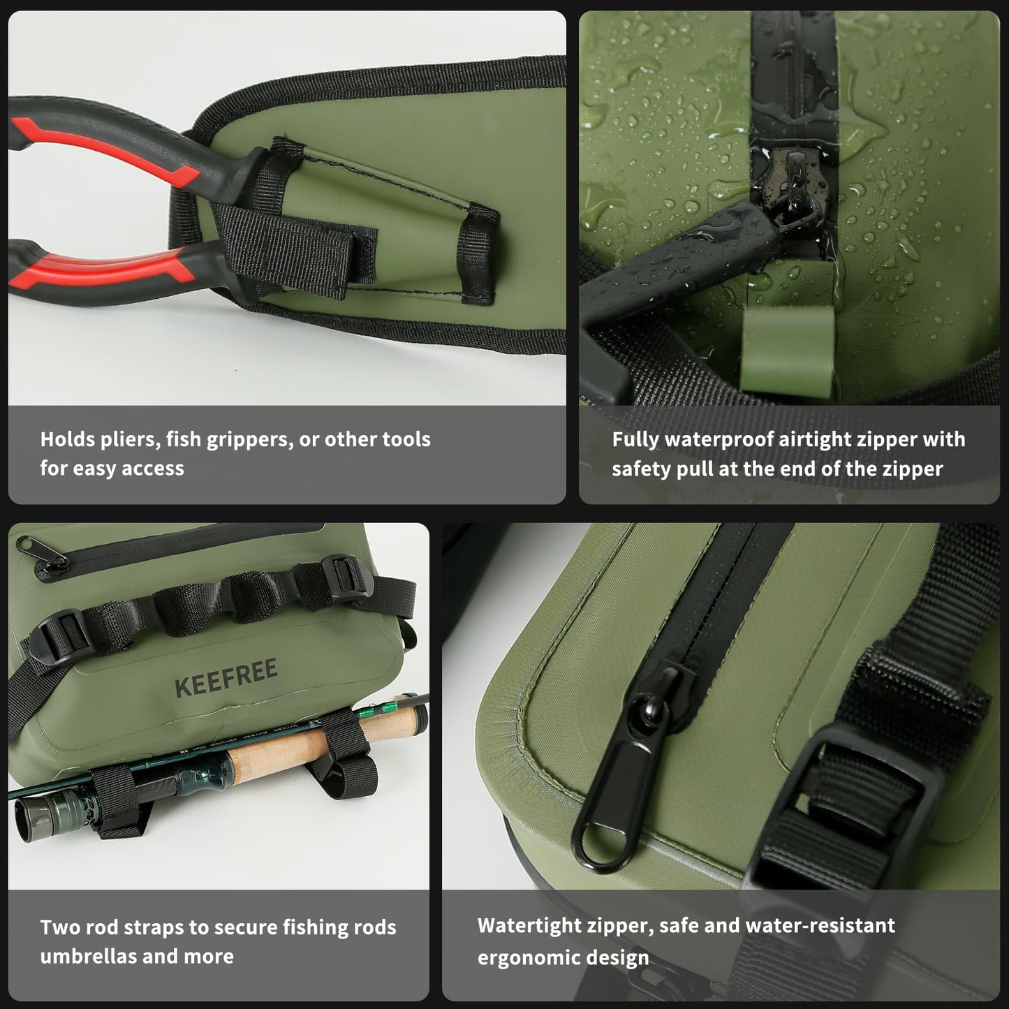 KEEFREE Waterproof Waist Bag with Fishing Rod Holder,Fishing Fanny Pack with Airtight Zipper Closure Multi-functional Lightweight Tackle Bag for Fly Fishing Outdoor Sports Camping Kayaking (Green)