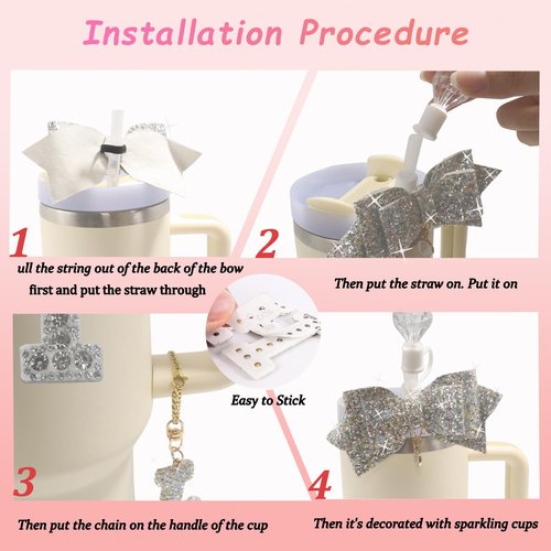 XIANGYUAN Stanley Accessory Set Includes 10mm Straw Cover,Bow Cup Decoration,Personalized Stickers for Water Bottle and Other Accessories,Suitable for 30and40oz Stanley Cup(White T)