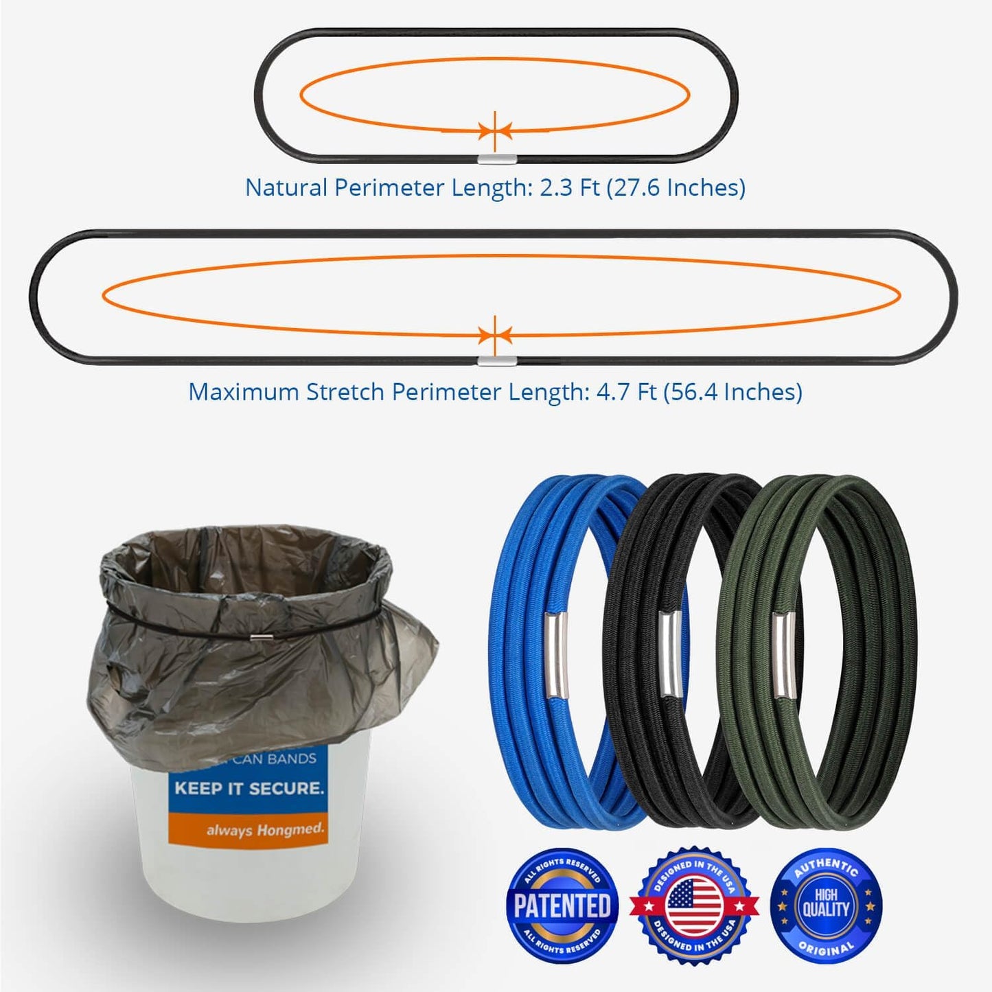 Trash Can Bands Set of 3, Fits 32 to 55 Gallon Cans, Large Elastic Rubber Bands for Kitchen/Office/Garage, Secure Garbage Bags(Black/Blue/Green)
