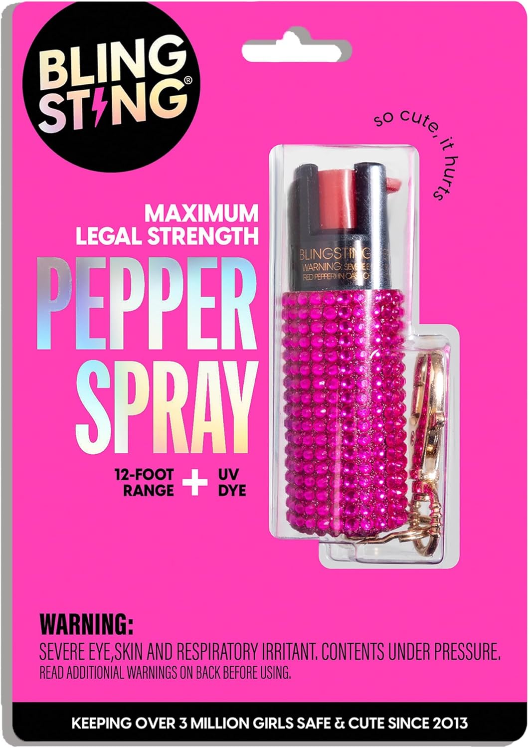 BLINGSTING Pepper Spray for Women - Maximum Strength OC Self Defense Spray - 12 ft Range - UV Marking Dye for Police ID - Swipe Safety Lock - Compact & Fashionable Keychain