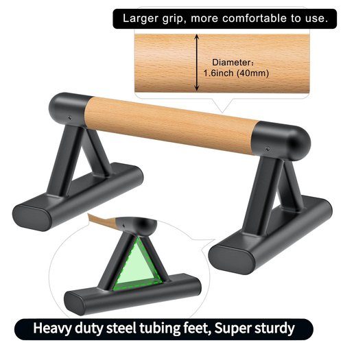 SELEWAERE Wood Parallettes Floor Workout Push Up Handles Non-Slip Pushup Bars Handstand Bars for Calisthenic Fitness Solid Wood with Sturdy Steel Tubing Feet, Load up to 600 lbs