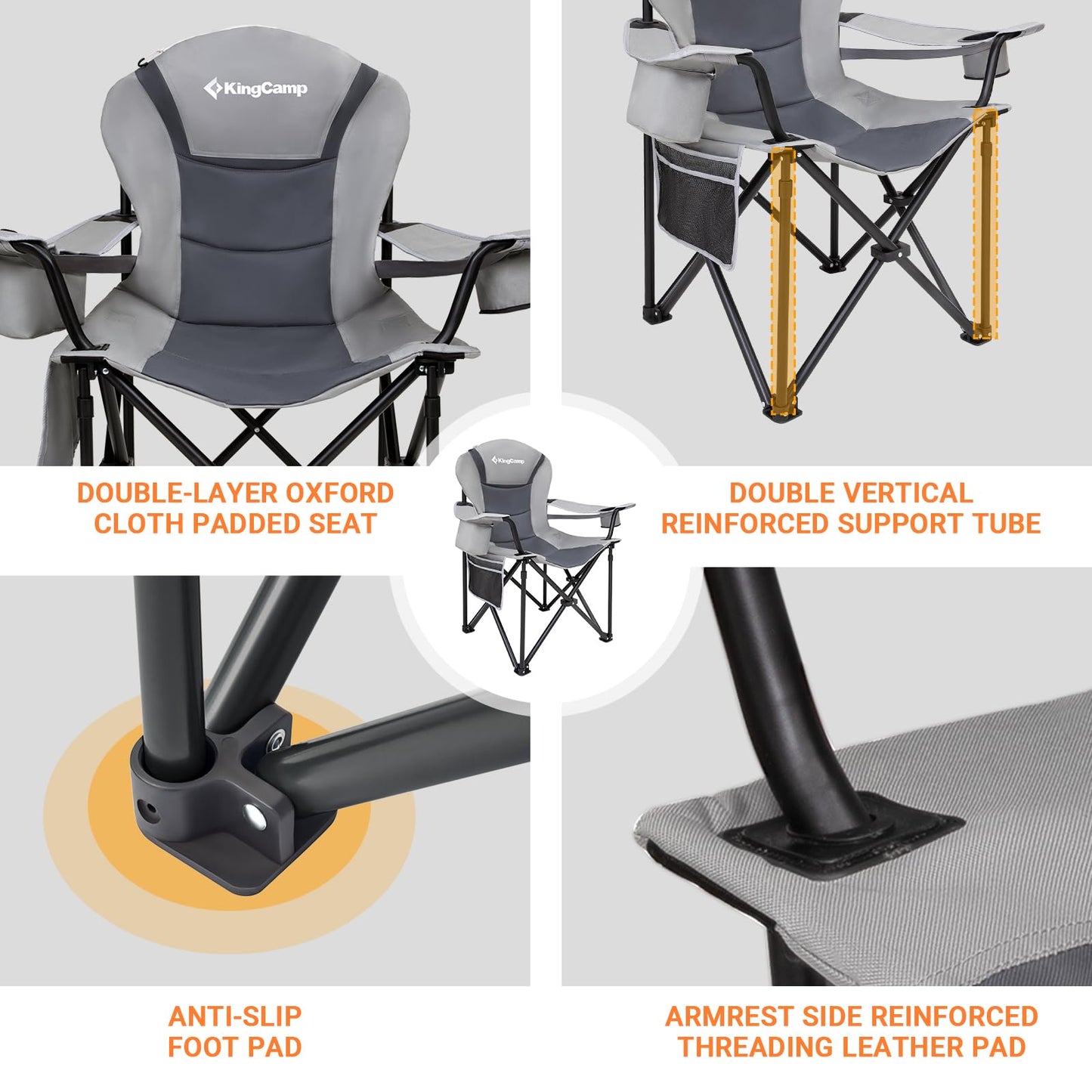 KingCamp Oversized Camping Folding Chair with Lumbar Support, Heavy Duty Ergonomic Padded Arm Chair with Cooler Bag, Cup Holder, Portable for Outdoor