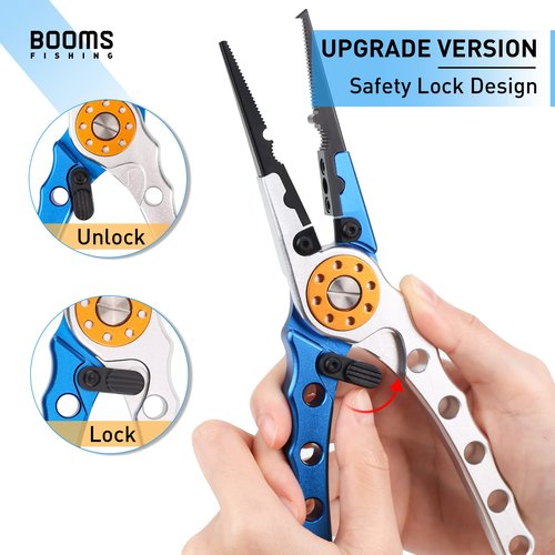 Booms Fishing X1 Aluminum Fishing Pliers Hook Remover, Braided Fishing Line Cutting and Split Ring Pliers with Coiled Lanyard and Sheath, Blue with Lock