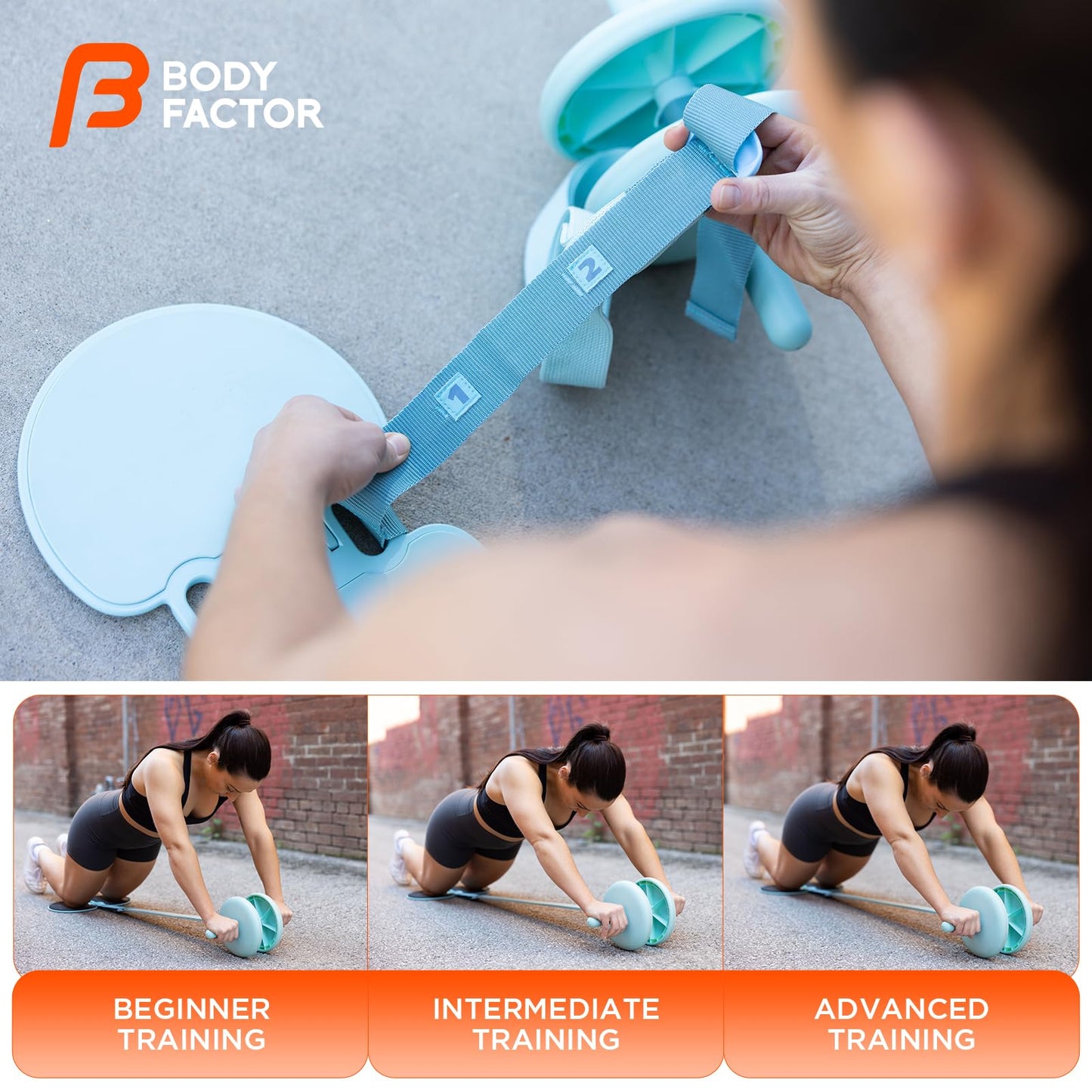 Body Factor Macaroon Ab Wheel with Resistance Band Elastic Strap System for Adjustable Support, Non-Slip Grip Handles (LOTUS)