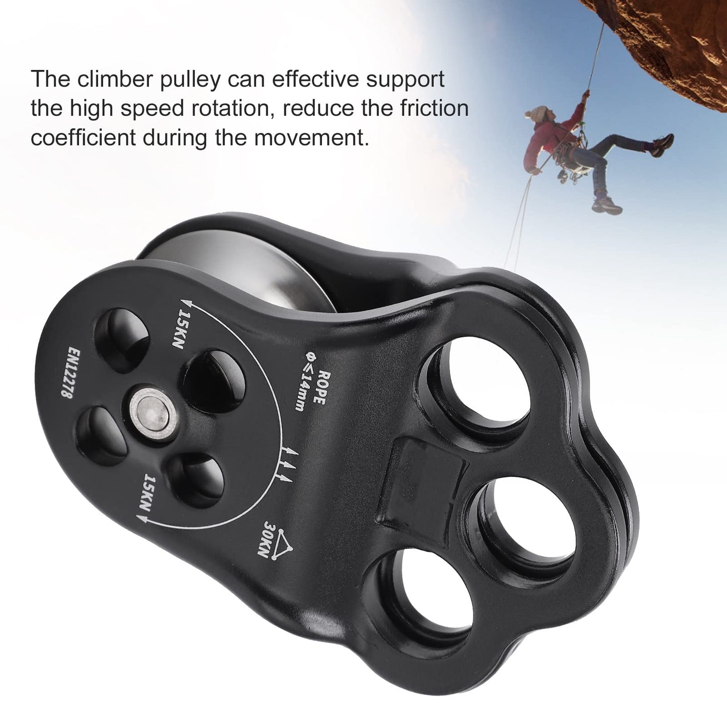 30KN Dual Bearing Hitch Climber Pulley, for Arborist Tree Climbing with 3 Holes Side Plate