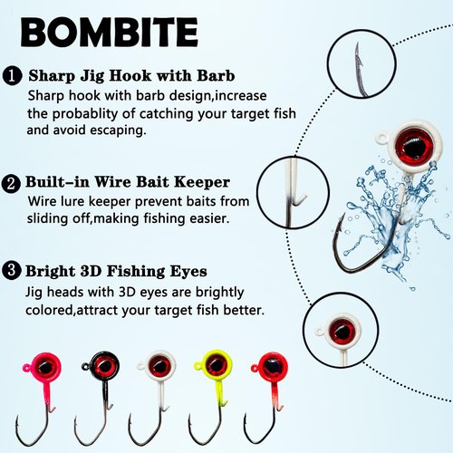 Bombite 40pack Crappie Jig Heads,Crappie Jigs Fishing Jig Heads Hook Lure Fishing Jigs Heads for Bass Fishing 1/16oz